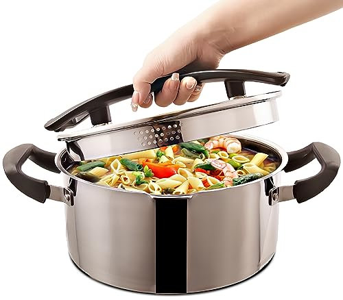 Stainless Steel Cookware Pasta Pot by Cyrder – 3 Quart, Strainer in Glass Lid, Two Side Spouts, Capsule Bottom Stock Pot, Durable & dishwasher safe