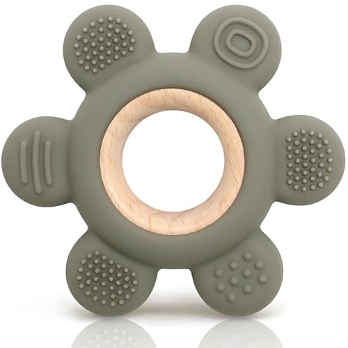 CAJA Beißring Baby - Zahnungshilfe - Beissring Blume - Beißspielzeug - Zahnen - Nursing - Zubehör Silikon für Babys (grey green)