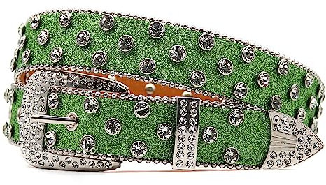 Strass Gürtel Für Damen Und Herren,Nietengürtel Glänzender Diamant Western Crystal Nieten Cowboy Cowgirl Multicolor Lederriemen Für Jeans Hosen(125cm/waist:43, Green)