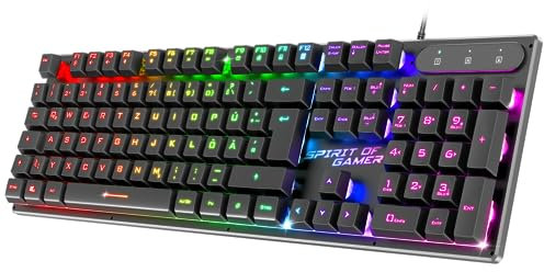SPIRIT OF GAMER x PRO K1 | Tastiera da gioco semi-meccanica cablata | Layout QWERTZ tedesco | 26 tasti anti-ghosting | 3 modalità di retroilluminazione RGB | Slim USB Gaming Keyboard