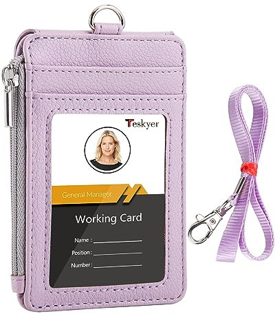 Teskyer Porte Badge tour de Cou, Portefeuilles de Carte de Crédit Minces, Porte Carte avec Poche à Glissière, 1 Fenêtre d’Identification, peut Contenir Jusqu’à 4 Cartes, Cuir PU, Violet Clair