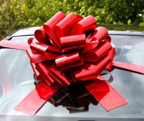 Hampabox Lazo gigante para coche (40 cm de diámetro) + 6 metros de cinta para coche, bicicleta, gran cumpleaños holográfico, color rojo