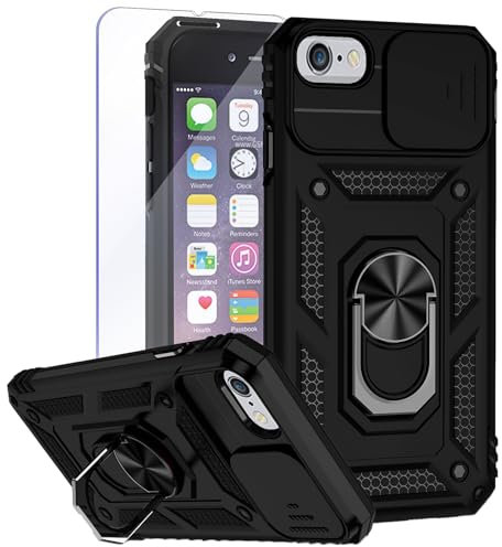 Teayoha Camera Case for iPhone SE 2022/2020, iPhone 7/8,with Screen Protectors, Military Grade Shockproof Cover with Magnetic Rotatable Ring Kickstand Protective Case (4.7-Inch),Black