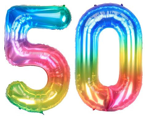 Ponmoo 40 Zoll Foil Luftballon Zahlen 50 Neon Regenbogen (101cm), Helium oder Luft, Riesige Folienballons Nummer 0-100, Große Ballons für Hochzeitstag und Geburtstagsparty Ballon Dekoration