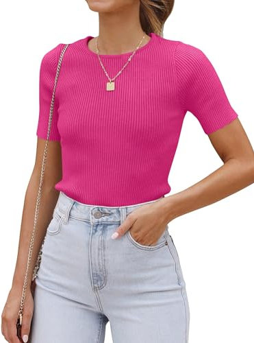 Cuptacc T-Shirt Damen Crew Neck Kurzarm Gestreifte Oberteile Tops Y2k Eleganz Rosa, Groß XL 46-48