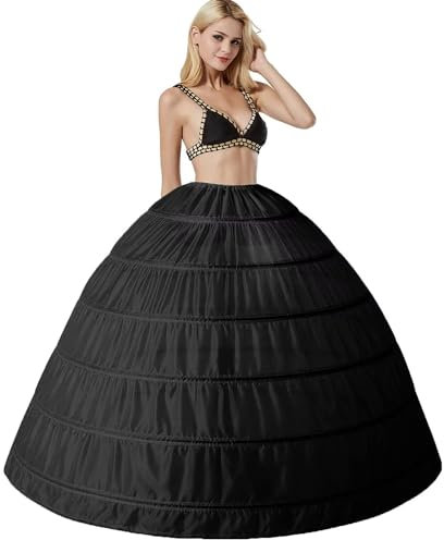 Damen 6 Reifrock Brautkleid Lang Petticoat A-Linie Unterrock Rockabilly Barock Kleid Unterröcke Krinoline 6 Ringe mit Rüschen fur Hochzeit Karneval Halloween Ball Prom(Schwarz)