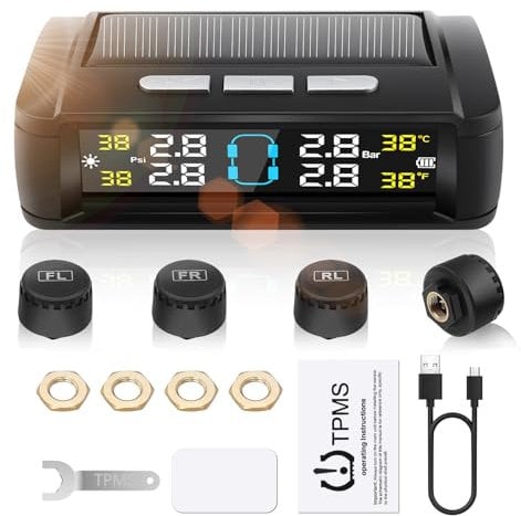 Geloo TPMS Reifendruckkontrollsystem mit 4 Wasserdicht IPX7-Reifendrucksensoren.Druckbereich:0-5 Bar für RV LKW Van SUV