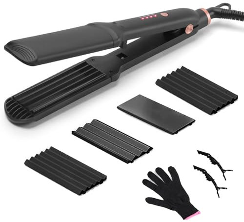 Plancha de crimpar, Plancha Rizadora con 3 Placas Intercambiables para crear volumen y textura, Calentamiento Instantáneo, Ajuste de Temperatura, Cerámica Plancha de Pelo para Alisar e Rizar (Negro)