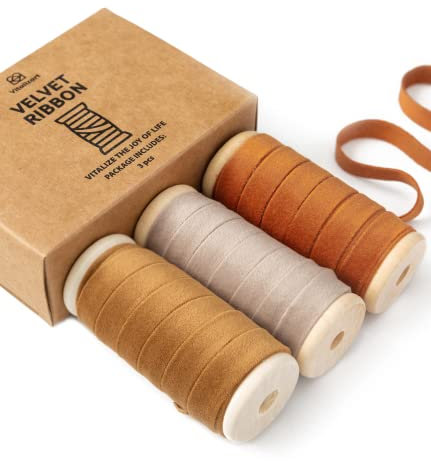 Vitalizart Samtband Set Khaki & Terrakotta & Nackt 0,95 cm x 4,57 m x 3 Rollen mit Hölzernen Spule, Stoffband für Weihnachten Kranz Dekoration Handgemachte Handwerk Ornamente & Geschenkverpackungen