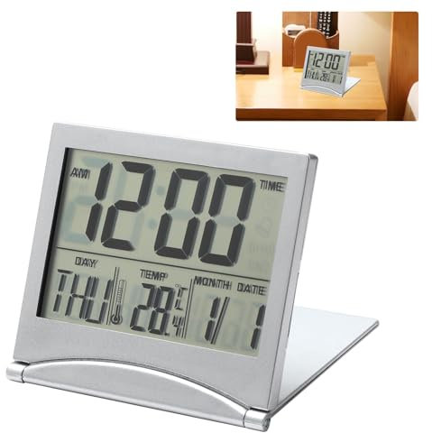 GBULTR Compact Digital Travel Alarm Clock with LCD Display – Foldable Desktop Clock with Day Date Temperature Indication Battery Operated for Home and Travel Use Silver