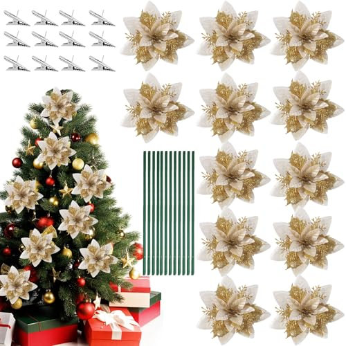 Weihnachten Glitzer Weihnachtsstern Künstliche Blumen, 12 Stück Weihnachten Blumen Glitzer Künstliche Weihnachtsstern, Weihnachtsstern Deko Blumen, Weihnachten Blumen mit 12Pcs Vorbauten und Clips