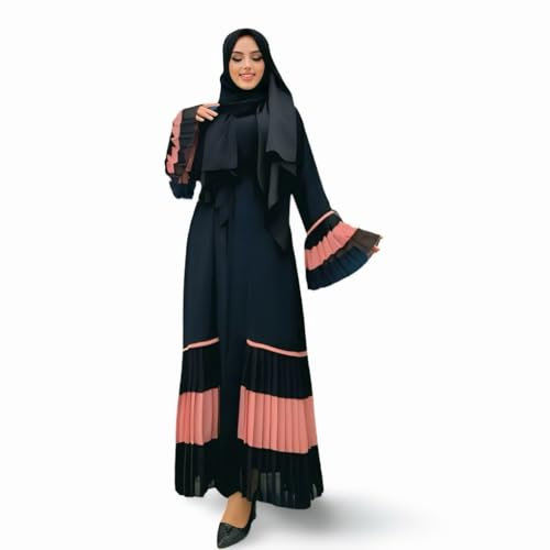 bym fashion Zweifarbige Abaya mit Taillengürtel und Plissee 7454, Oberbekleidung Abaya, bequemes und stilvolles Design | STD - Schwarzpulver