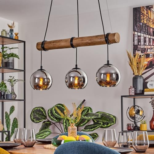 HOFSTEIN Pendelleuchte Koyoto, 3-flammige Hängelampe aus Metall/Holz/Glas in Schwarz/Natur/Chrom/Rauch, Hängeleuchte Boho mit Glasschirmen, Holzbalken, max 150cm, E27, Esszimmer, Wohnzimmer, Küche