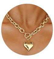 WOWORAMA Chunky Heart Necklace for Women Polished Gold Chunky Chain Necklace Big Puffy Heart Pendant Choker Necklace OT Toggle Clasp