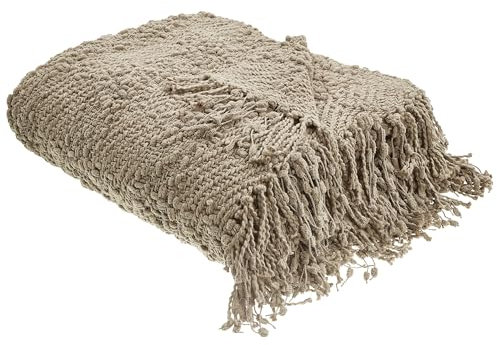 Decke Baumwolle gestrickt beige/Taupe mit Quasten 150x200 cm Kuscheldecke Vella