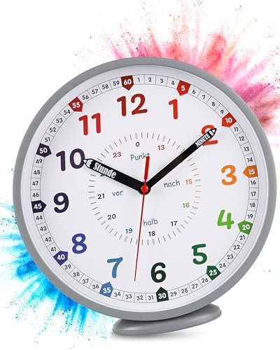 LATENO - Wanduhr Kinder Grau - zum Aufstellen oder Aufhängen - 25 cm - Analoge Kinderwanduhr für Jungen & Mädchen - Lernuhr Kinder ohne Tickgeräusche - Wanduhr Kinderzimmer lautlos - Uhr Kinderzimmer