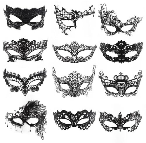 UYUYong 12 Stück Maskerade Maske Damen Elegant Venezianische Sexy Schwarz Spitze Maskes für Karnevalsparty Maskerade Party Cosplay Valentinstag Halloween