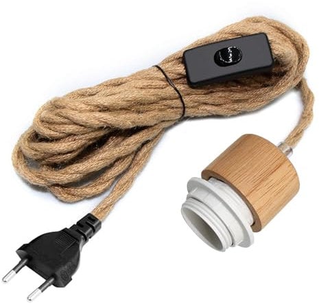 500CM Hanfseil Hängelampe mit Stecker, Holz Lampenfassung E26/E27 mit Kabel, Lampenkabel mit Schalter, Pendelleuchte mit Stecker, Hängeleuchte Steckdose, Hanfseil Kabel Fassung, DIY zu Hause Ideen