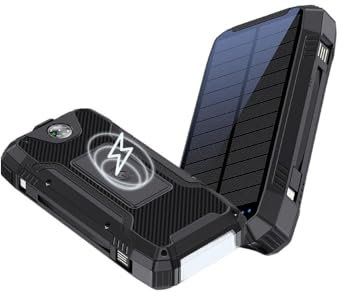 UFUZON Ishiva Solar Power Bank 30000mAh, Drahtlose Qi 22.5W QC 3.0 USB-C Schnelle Tragbare Telefon-Ladegerät mit Led Lichter, Wasserdichter Externer Akku Kompatibel mit iPhone, iPad und Samsung