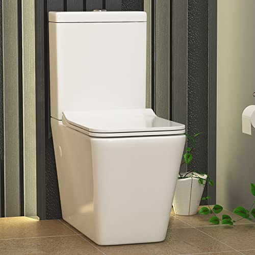 Modern Bathroom Close Coupled Toilet Square Pan Gloss Rimless White Ceramic with Dual Flush Cistern & Slim Soft Close Quick Release Seat - Elena