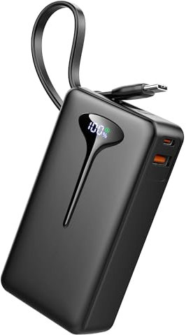 Power Bank Fast Charging, 22.5W Portable Charger 10000mAh, Small Battery Pack USB-C In & Out, Lightweight Powerbank with Built in Cable for iPhone 16/15/14/13/12, Samsung Galaxy, Xiaomi, Android etc