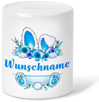 Birne3-design - Bedruckte Spardose - Osterhase - blau - Wunschname - personalisiert - beidseitig Bedruckt - Spardose - Money Bank - weiß