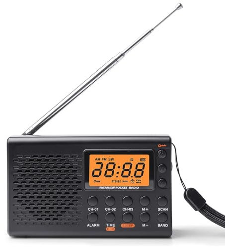 Radio Dab portátil, con auriculares, AM/FM, SW, pantalla LCD, funciona con batería, alarma, temporizador de reposo, 36 presets para cocina, camping, exterior y emergencias (negro)