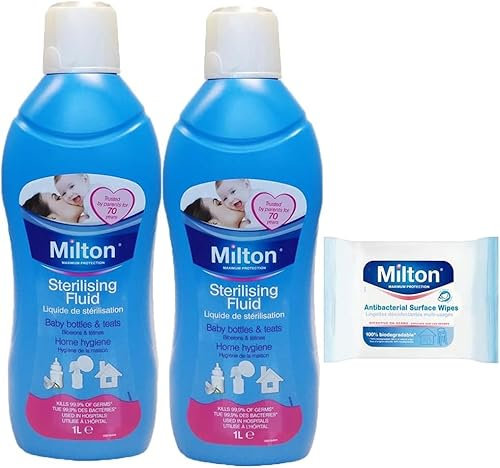 Milton 2 x 1000ml Sterilizing Fluid Baby Bottles Teats Antiseptic Cleaner + Milton Wipes Home Household Hygiene (2L) – Kills 99.9% Germs, No Rinse, 15-Minute Sterilization | SterlingSquare