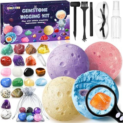 MZJAUVF Kit d'Excavation de Gemmes, 20 Cristaux et Pierres Précieuses, Archéologie Enfant pour 6 7 8 9 10 Ans, Kits Éducatifs de Sciences, Kits Excavation pour Idee Science Jouet Cadeau Garcon Enfant