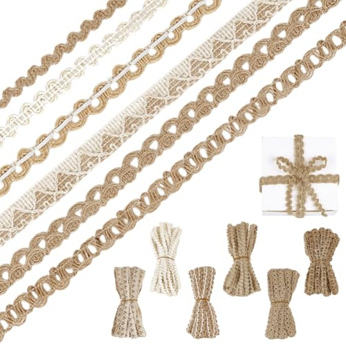 PH PandaHall 6 Styles Ruban de Jute Tressé 60m Rouleau de Dentelle en Toile Garniture Rustique Corde de Jute Tissée pour Mariage Décoration de Noël Emballage de Cadeaux 8~13mm