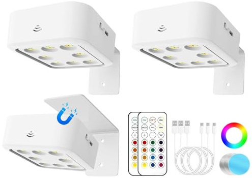 3 Pack Picture Lights for Wall, 13 RGB Color Rechargeable Battery Operated wall lights, Picture Frame lights with 3 Lighting Modes, Wireless Magnetic Painting Light with Remote Control Timer (WHITE)