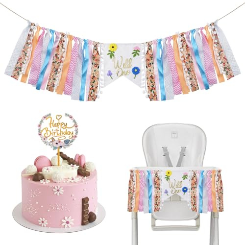 HICOHAND Wildblume Hochstuhl Banner, 1 Set Erster Geburtstag Wildblumen Thema Hochstuhl Banner mit Schmetterling Blume Kuchen Topper Geburtstag Party Wanddekoration