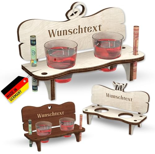 Customdo Personalisierte Wunschtext Schnapsbank mit 2x Shotglas - individuelle Text Gravur in Dunkel Hell Braun viele Holz Bank Motive - witziges Geburtstag Jubiläum Geschenk