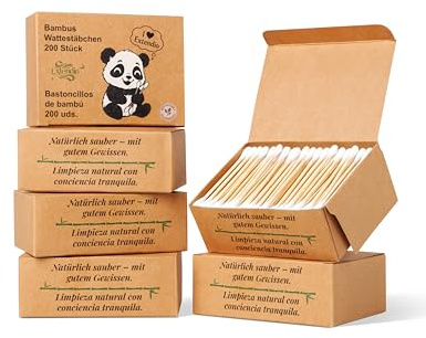 Bastoncillos oidos de bambú y algodón 6 x 200 uds (1200) | Biodegradables, sin plástico, ideales para maquillaje, bebés y limpieza diaria | Caja con apertura práctica e higiénica | Extendio