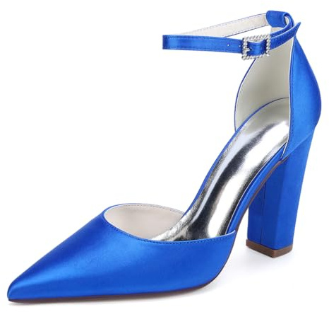 LRMYMHY Chaussures De Mariage en Satin À Bretelles De Cheville pour Femmes Talons À Talons Blocs Talons De Mariée À Bout Pointu,Bleu,35 EU