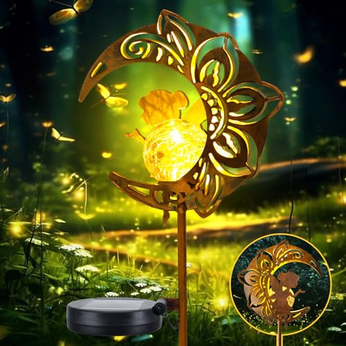 Solar Garden Lights Outdoor, Moon Fairy Solar Light with Crackle Glass Globe, Decorative Solar Garden Ornament with Warm LED Light for Lawn, Patio, Yard, Courtyard, Garden Decor Gift for Women Mum