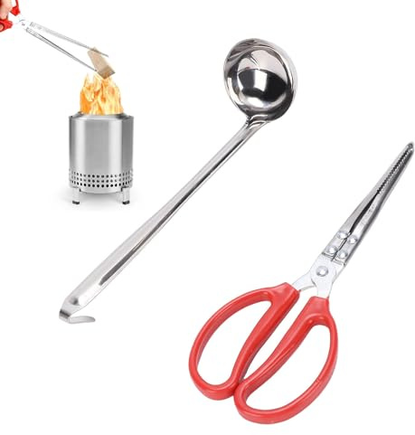 Denash Cast Iron Fireplace Tongs and Pellet Scoop Set,30.5cm Tongs with 28cm Scoop for Mini Firewood and Pellets,Heatproof Coating for Tabletop Fire Pits Fireplaces and Camping