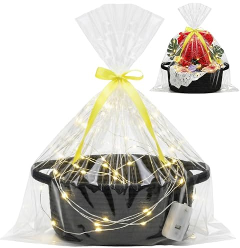 Geschenkkorb Leer mit LED, Korb für Geschenke Präsentkorb Leer Geflochten | Aufbewahrungskorb Deko mit Geschenktüten und Bändern für Geburtstag Babyparty Hochzeit Ostern Weihnachten - 30x20x12cm