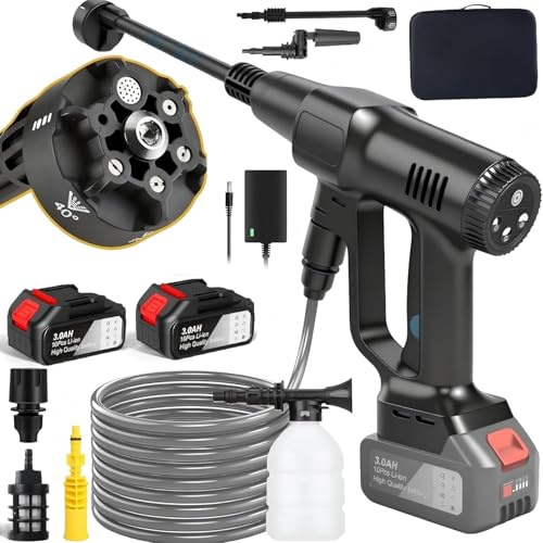 Idropulitrice a Batteria 100 Bar, Motore Brushless 1000W, 6,0 Ah Batteria | Ugello 6 in 1, 3 Livelli di Pressione 60/80/100 Bar, Display LCD e Tubo da 5 m per Auto, Giardino e Terrazza.