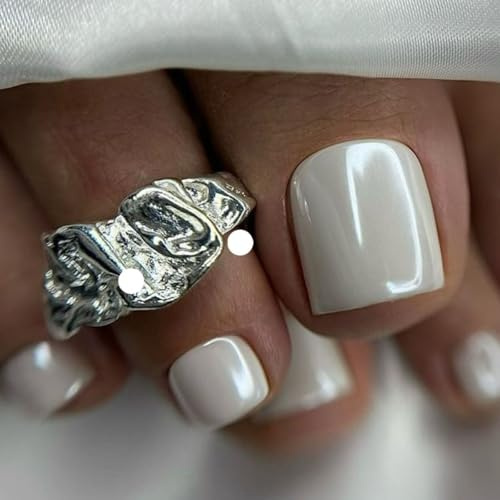 White Chrome Press On Toenails - Glazed Pearl Fake Toe Nails With Glue- 24pcs Glossy Full Cover Stick On Toenails For Women - Shimmer Summer Beach Pedicure Kit With 12 Sizes