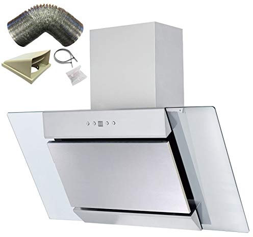 SIA AGL91SS 90cm Angled Stainless Steel And Glass Chimney Cooker Hood Kitchen Extractor Fan With LED Lights And 3m Flexible External Ducting Kit