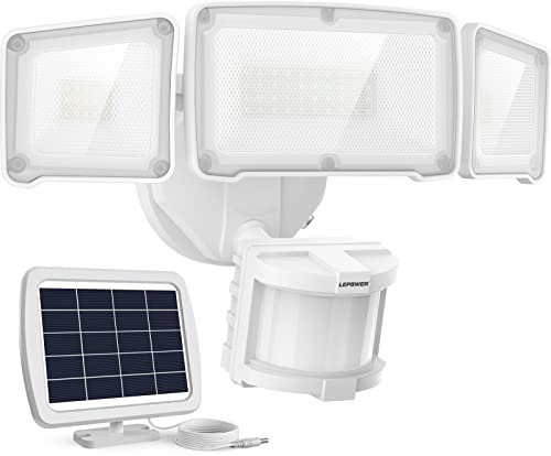 LEPOWER Solar Security Lights Motion Outdoor, 1600LM LED Motion Sensor Light, 5500K White Light, IP65 Waterproof Outdoor Flood Light with 3 Adjustable Heads for Yard, Garage（White）