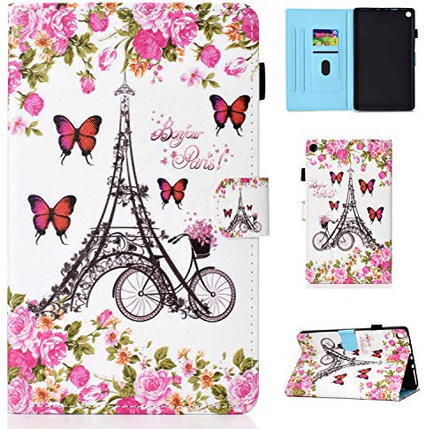 Bspring Folio Case for Kindle Fire HD 8 2018/2017/ 2016, Thinnest Lightest Folding Stand PU Leather Cover with Auto Sleep/Wake & Anti-Slip for Amazon Kindle Fire HD 8-Flower tower