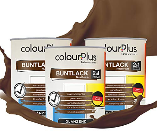 colourPlus 2in1 Buntlack Glänzend (2,25L Nussbraun / Braun RAL 8011) – Wetterfeste Holzfarbe Holzlack & Küchenmöbellack. Getrocknet auch für Kinderspielzeug. Für Innen & Außen