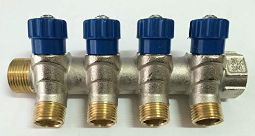 NTM COLLETTORI OTTONE M/F 3/4 CON VALVOLE ARRESTO USCITA 1/2 M. MULTISTRATO RAME, 4 Vie Valvole Blu