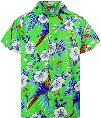King Kameha Funky Chemise-Hawaienne, Manche-Courte, Cherry-Parrot, Vert, S
