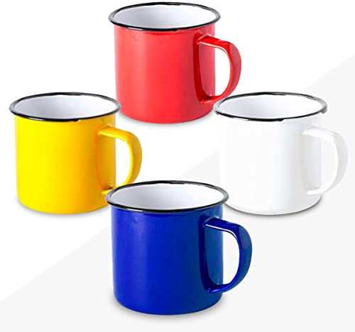FUN FAN LINE - Set di tazze smaltate 350ml caffè/tè/calde/fredde, Mug vintage da campeggio, picnic o viaggio, Design retrò colori pieni, Leggero, portatile e resistente. (Multicolore, 4 Tazze)