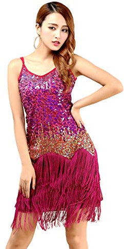 Grouptap 1920 Gatsby Latin Donne Danza Paillettes Fantasia Nappa Fantasia 1930 Abito Gonna Rosa Salsa Samba Rumba Donna Taglia 32/34/36/38 (Rosa, EU 32-38)