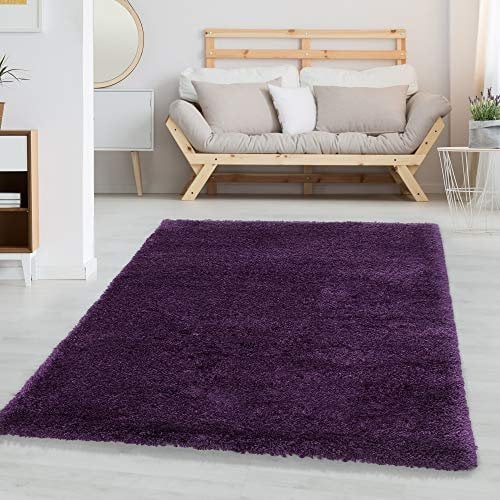Carpettex Hochflor Teppich Wohnzimmer Shaggy Flokati Modern Einfarbig 60 x 110 cm Flur Läufer Lila - Schlafzimmer Weich Flauschig Waschbar Küchenläufer