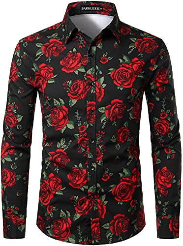 PARKLEES Chemises habillées à boutons pour homme Hipster Urban Design Polyester Imprimé 3D Coupe ajustée à manches longues, noir/rouge, XL